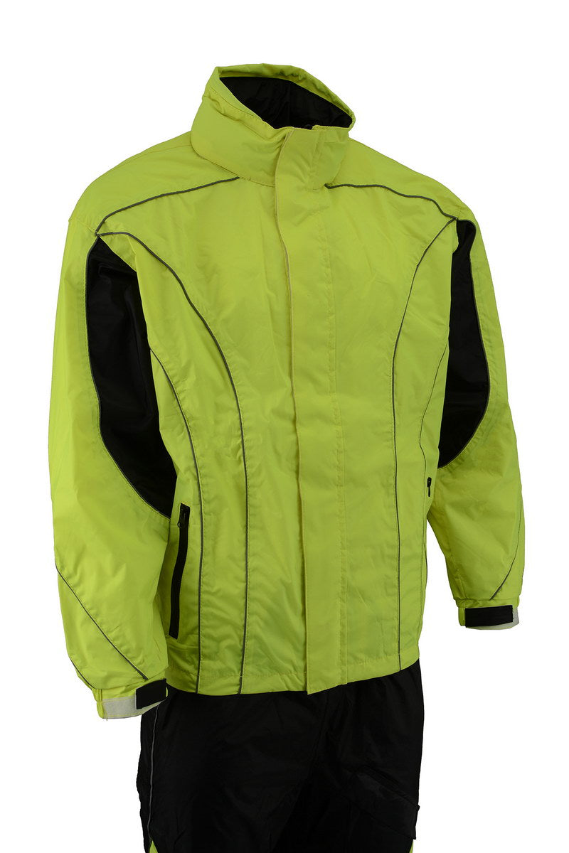 M Boss Motorcycle Apparel BOS19501 Men’s Black and High-Viz Green Two-Piece Motorcycle Rain Suit