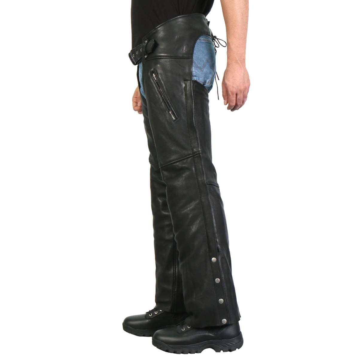 Hot Leathers CHM1009 Men's Black Leather 2 Pocket Mesh Lined Motorcycle Rider Chaps