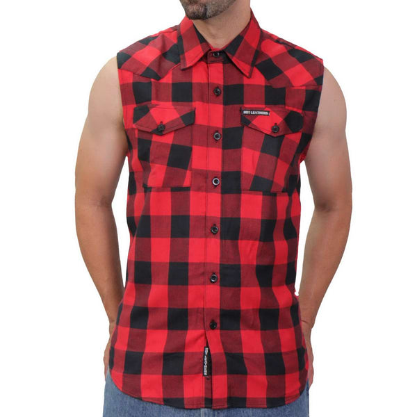 Black and Red Sleeveless Biker Shirt Flannel selling for Men