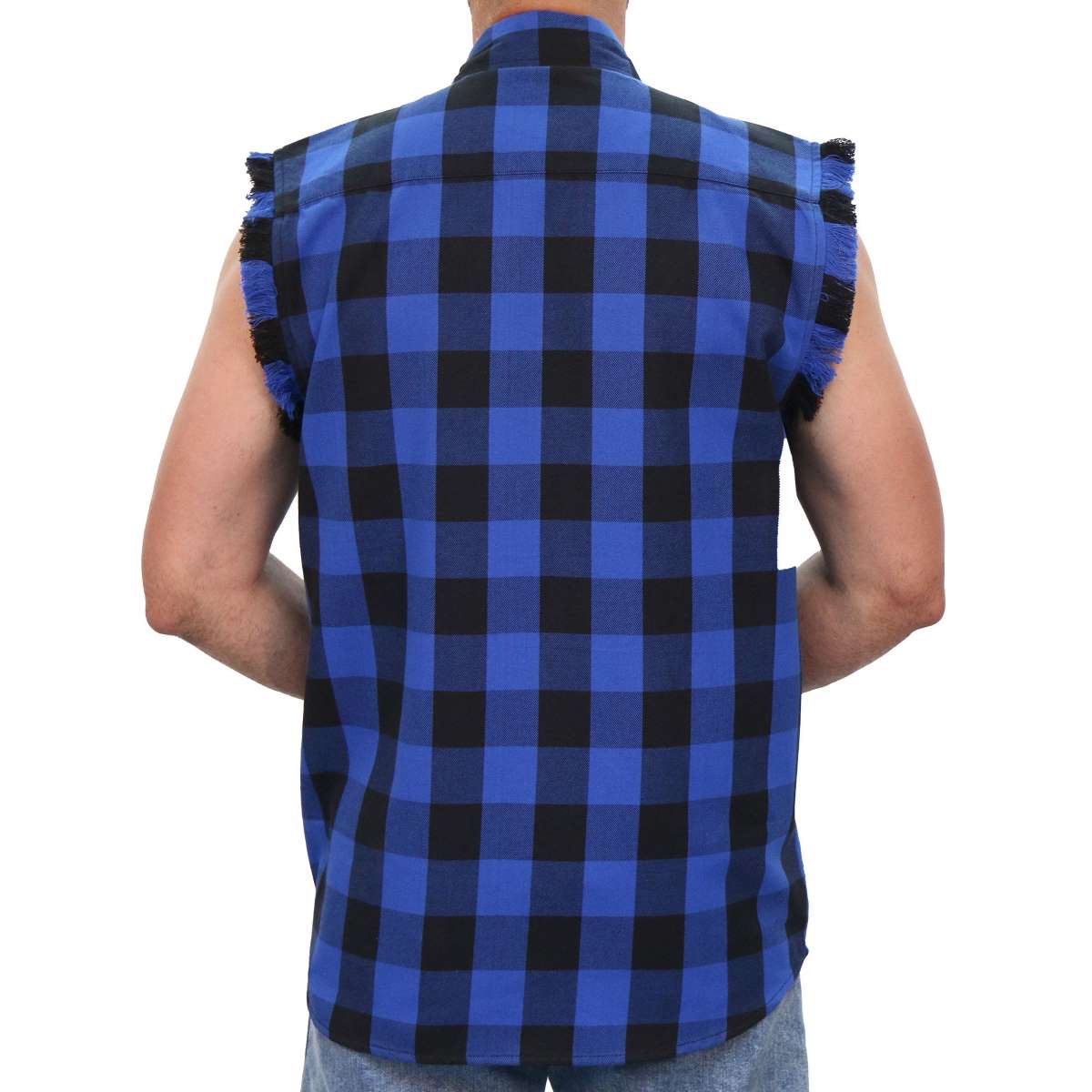 Hot Leathers FLM5208 Men's Sleeveless Fringe Blue and Black Flannel Shirt