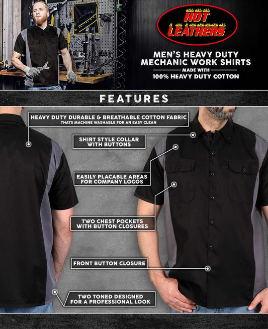 Hot Leathers GMM1002 Men's Mechanics 2-Tone Sides Button Up Heavy-Duty Work Shirt for | Classic Mechanic Work Shirt