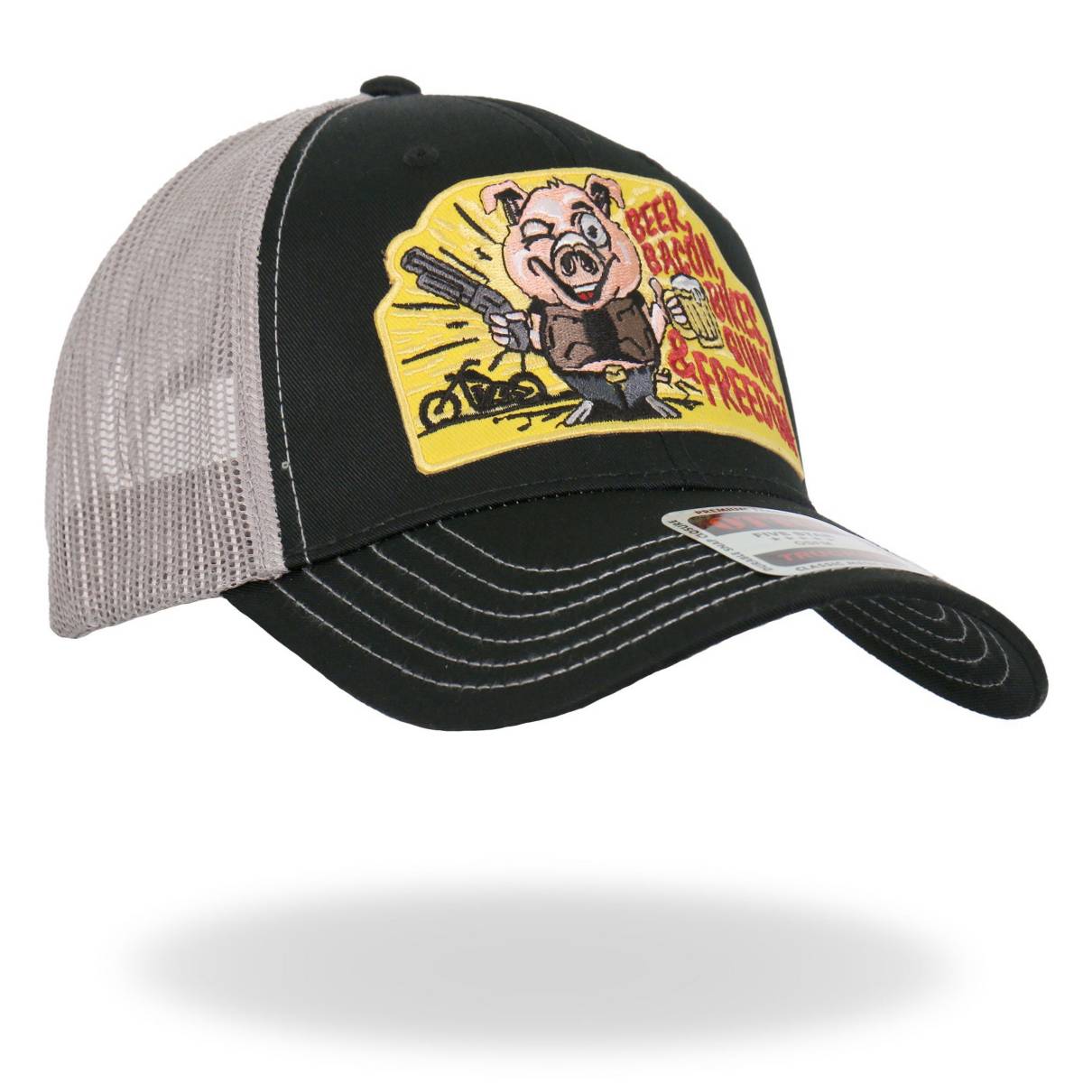 Hot Leathers Black and White Trucker Hat Beer Bacon Bikes GSH1040