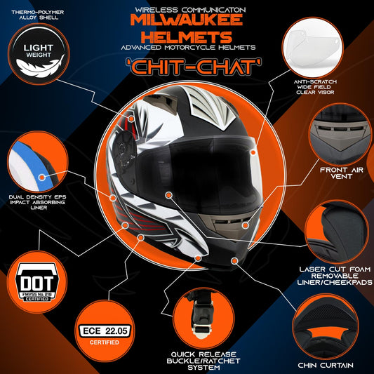 Milwaukee Helmets H520 Titanium and Red Chit-Chat Black Full Face Motorcycle Helmet w/ Intercom - Built-in Speaker and Microphone for Men / Women