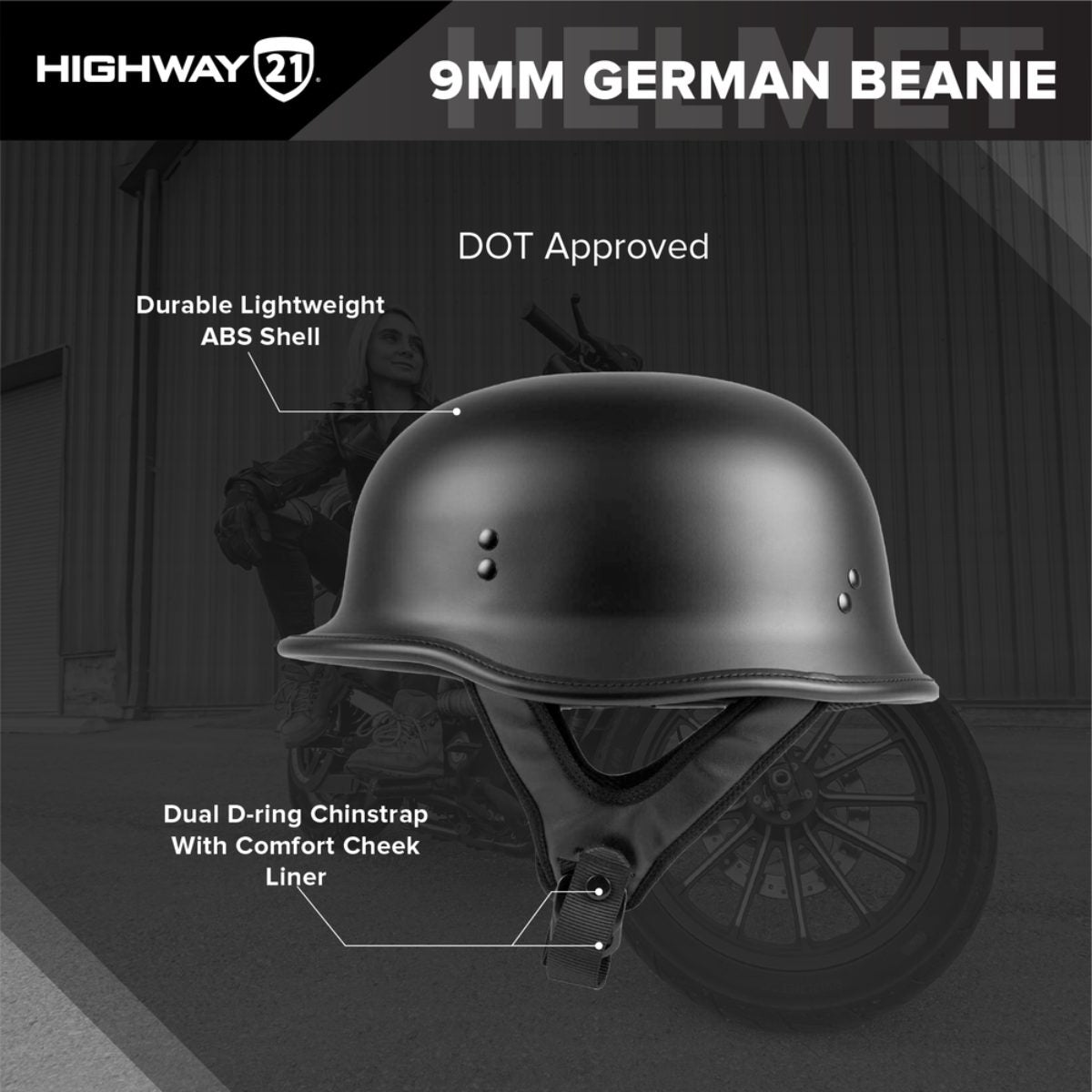 Highway 21 9MM Matte Black German Beanie Helmet