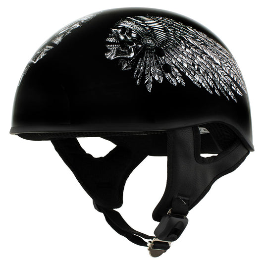 Hot Leathers HLD1032 Black Indian Skull Motorcycle DOT Approved Skull Cap Half Helmet Biker