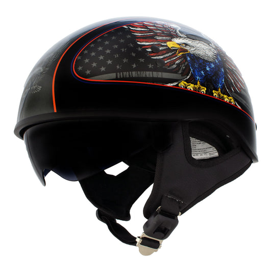 Hot Leathers HLD1037 Gloss Black Up Wing Eagle USA Advanced DOT Unisex Half Helmet w/ Drop Down Visor