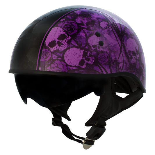 Hot Leathers HLD1039 Gloss Black Purple Skull Bouquet Advanced DOT Unisex Half Helmet w/ Drop Down Visor