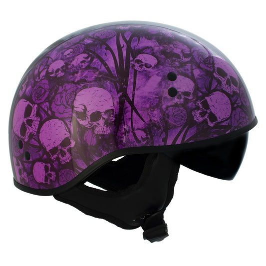 Hot Leathers HLD1039 Gloss Black Purple Skull Bouquet Advanced DOT Unisex Half Helmet w/ Drop Down Visor