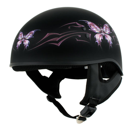 Hot Leathers HLD1052 DOT Skull Cap Half Helmet - Flat Black with Purple Butterfly Design Bikers