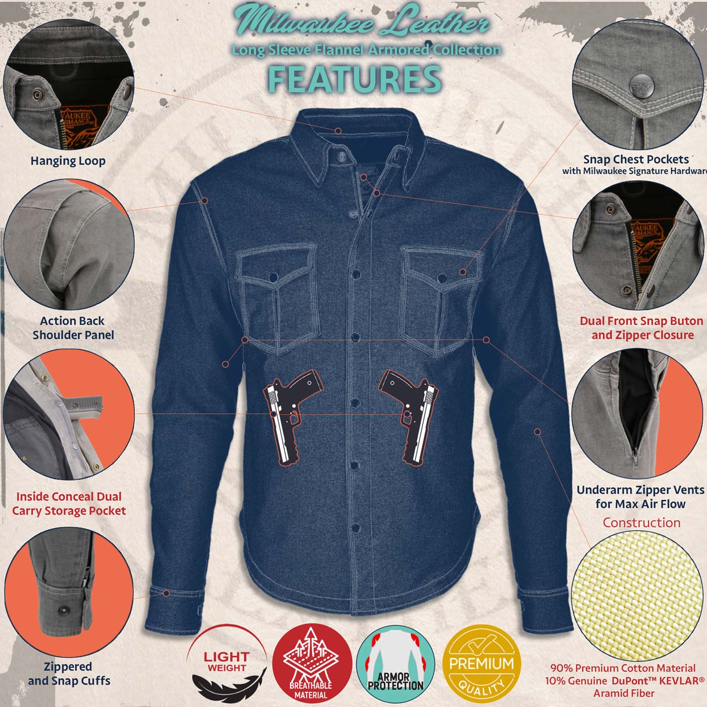 Milwaukee Leather MPM1636 Men's Long Sleeve Flannel Biker Shirt w/ CE Approved Armor - Reinforced w/ Aramid Fiber