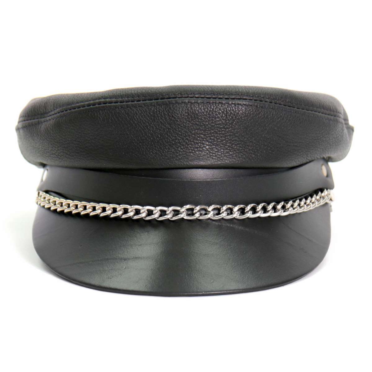 Hot Leathers Flat Top Biker Leather Cap With Chain LHA2004