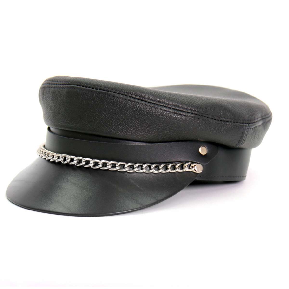 Hot Leathers Flat Top Biker Leather Cap With Chain LHA2004