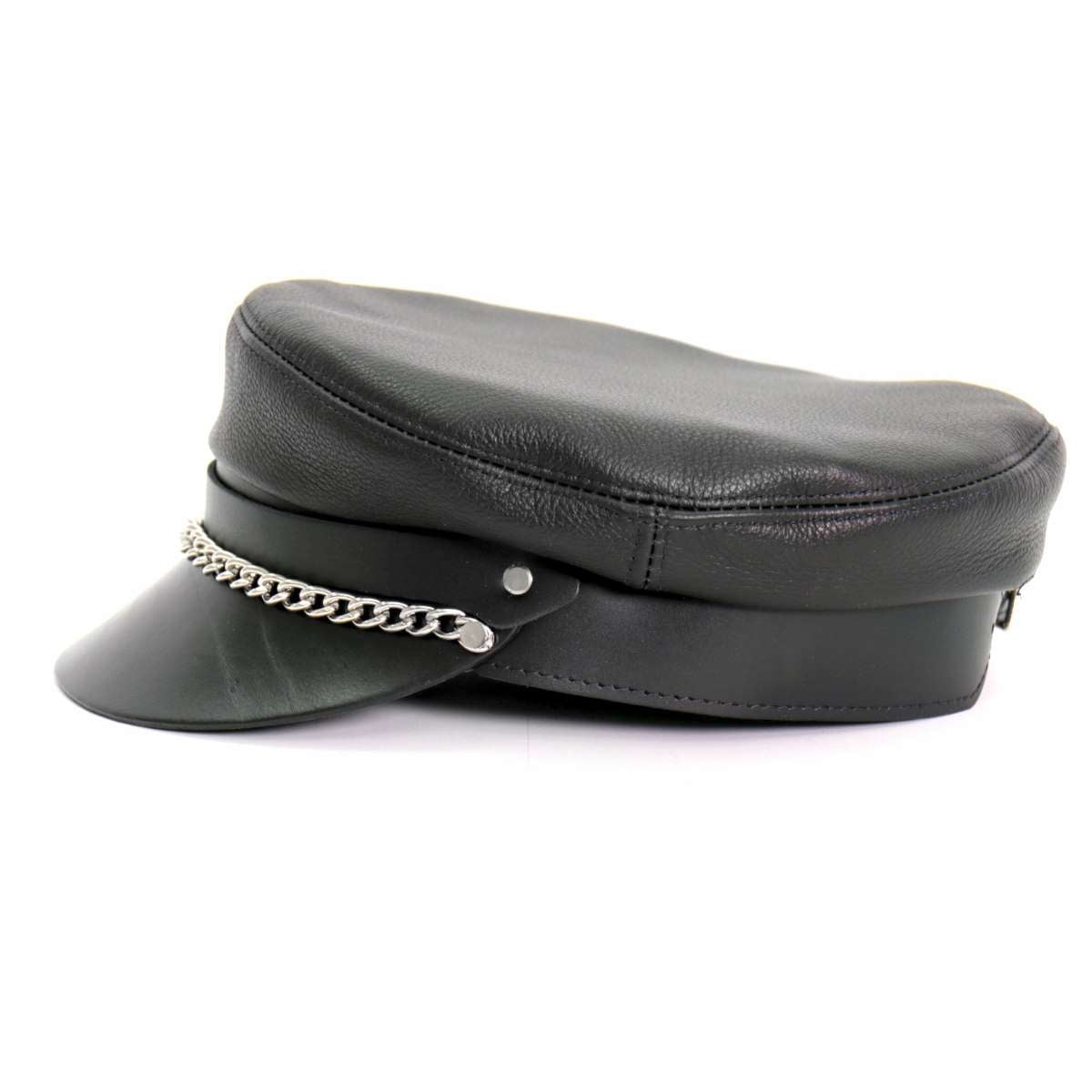 Hot Leathers Flat Top Biker Leather Cap With Chain LHA2004