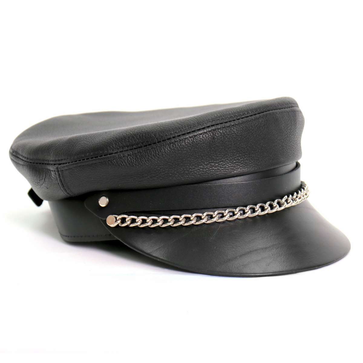 Hot Leathers Flat Top Biker Leather Cap With Chain LHA2004