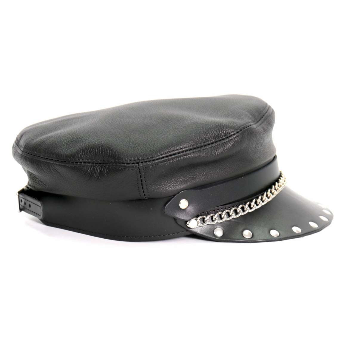 Hot Leathers Flat Top Biker Leather Cap with Rivets LHA2005