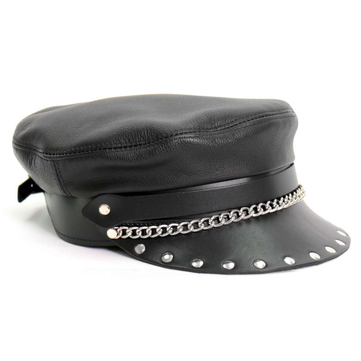 Hot Leathers Flat Top Biker Leather Cap with Rivets LHA2005