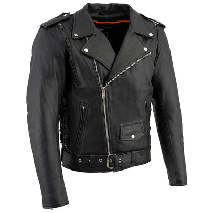 Milwaukee Leather LKM1775 Men's Black Leather Vintage Brando Style Motorcycle Riders Jacket with Side Laces