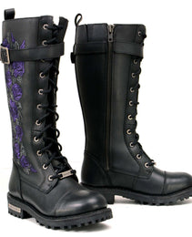 Milwaukee Leather MBL9357 Women's Black 14” Tall Motorcycle Boots Lace-Up High-Rise Purple Embroidered Leather Shoe