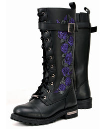 Milwaukee Leather MBL9357 Women's Black 14” Tall Motorcycle Boots Lace-Up High-Rise Purple Embroidered Leather Shoe