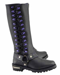 Milwaukee Leather Women's Black 14-inch Leather Harness Motorcycle Boots with Purple Accent Lacing MBL9366