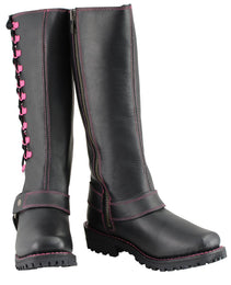 Milwaukee Leather Women's Black 14-inch Leather Harness Motorcycle Boots with Fuchsia Accent Lacing MBL9367