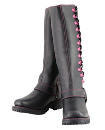 Milwaukee Leather Women's Black 14-inch Leather Harness Motorcycle Boots with Fuchsia Accent Lacing MBL9367