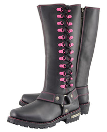 Milwaukee Leather Women's Black 14-inch Leather Harness Motorcycle Boots with Fuchsia Accent Lacing MBL9367