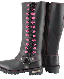 Milwaukee Leather Women's Black 14-inch Leather Harness Motorcycle Boots with Fuchsia Accent Lacing MBL9367