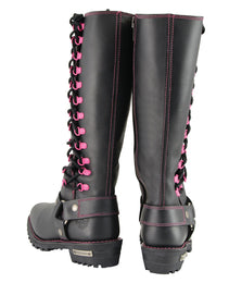 Milwaukee Leather Women's Black 14-inch Leather Harness Motorcycle Boots with Fuchsia Accent Lacing MBL9367