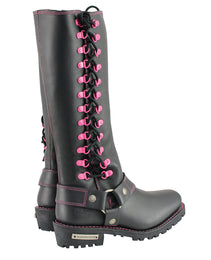 Milwaukee Leather Women's Black 14-inch Leather Harness Motorcycle Boots with Fuchsia Accent Lacing MBL9367