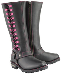 Milwaukee Leather Women's Black 14-inch Leather Harness Motorcycle Boots with Fuchsia Accent Lacing MBL9367