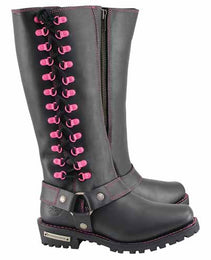 Milwaukee Leather Women's Black 14-inch Leather Harness Motorcycle Boots with Fuchsia Accent Lacing MBL9367