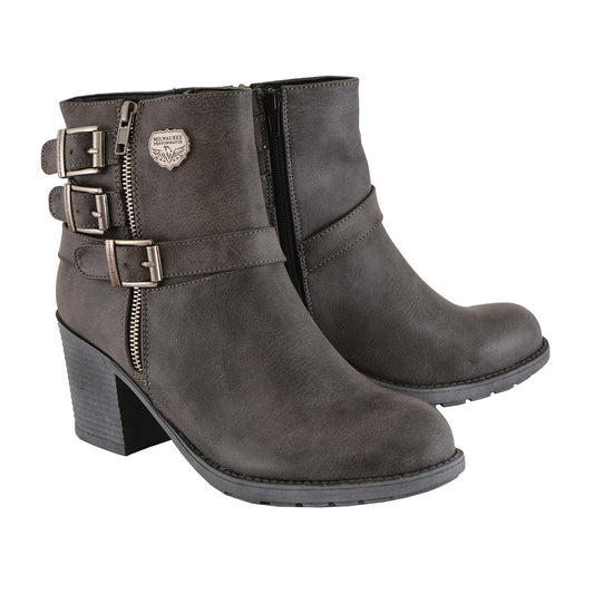 Milwaukee Leather MBL9406 Womens Stone Grey Triple Buckle Side Zipper Boots with Platform Heel