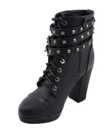 Milwaukee Leather MBL9417 Women's Black Lace-Up Fashion Boots with Triple Strap Studded Accents