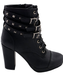 Milwaukee Leather MBL9417 Women's Black Lace-Up Fashion Boots with Triple Strap Studded Accents