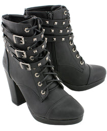 Milwaukee Leather MBL9417 Women's Black Lace-Up Fashion Boots with Triple Strap Studded Accents