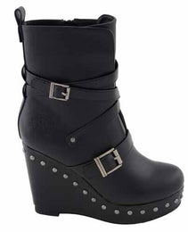 Milwaukee Leather Women's Black Triple Strap Fashion Boots with Platform Wedge MBL9437