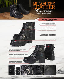 Milwaukee Leather MBL9444 Women's Bruiser Premium Black Lace-Up Fashion Boots w/ Studded Straps