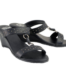 Milwaukee Leather MBL9450 Women's Black Studded Double Strap Fashion Casual Wedge Sandals