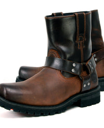 Milwaukee Leather Men's Brown Two-Tone Full Grain Leather Easy Pull-On Motorcycle Harness Boots MBM9008