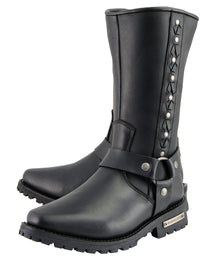 Milwaukee Leather Men's Black Leather Harness Motorcycle Boots with Braid and Riveted Details MBM9025