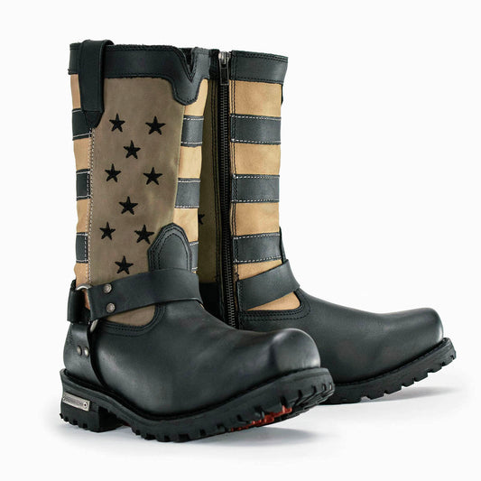 Milwaukee Leather MBM9045 Men's 'Stars and Stripes' Black with Tan Motorcycle Rider Harness Boots