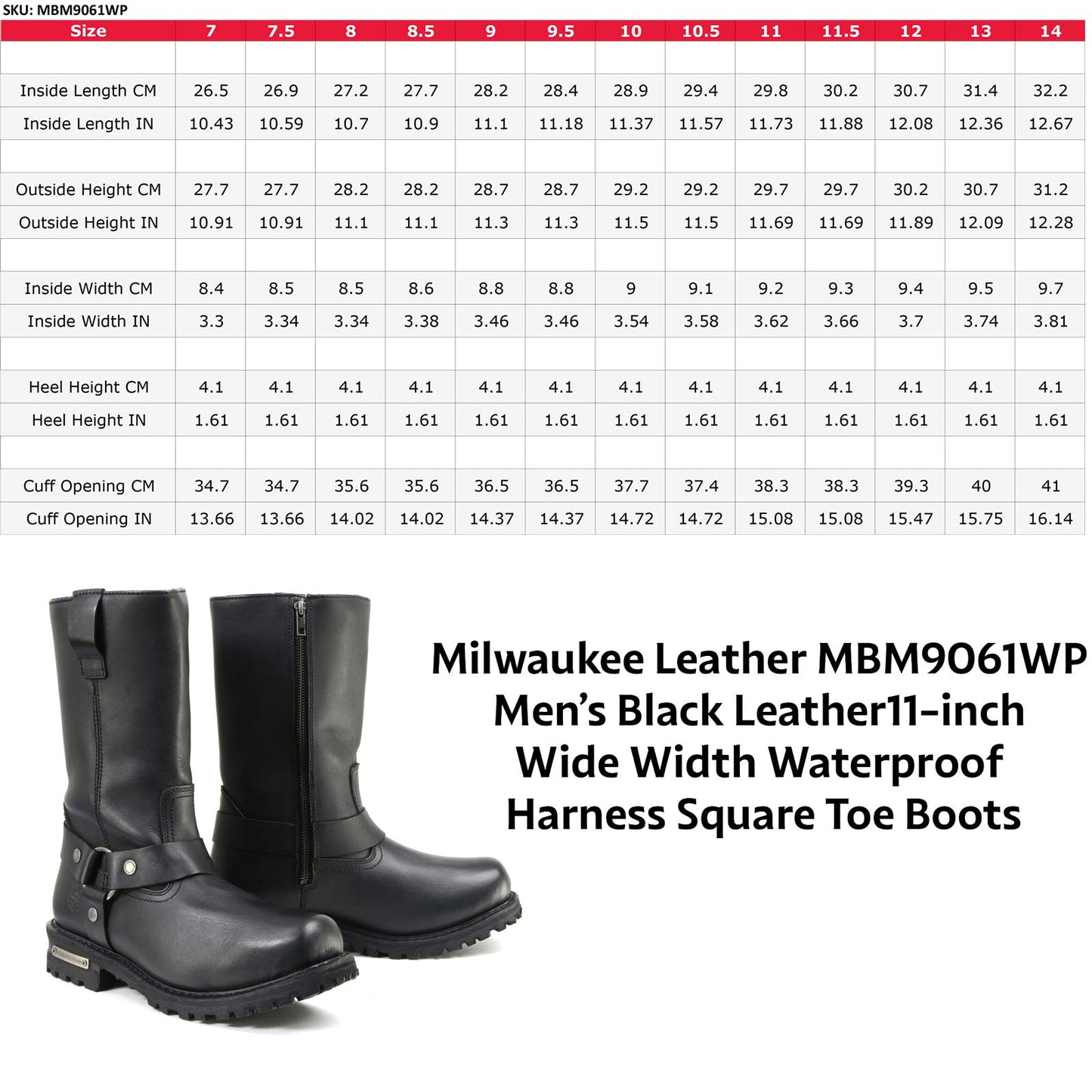 Milwaukee Leather Men’s Black Waterproof Boots 11-inch Wide Width Square Toe with Harness and Zipper MBM9061WP