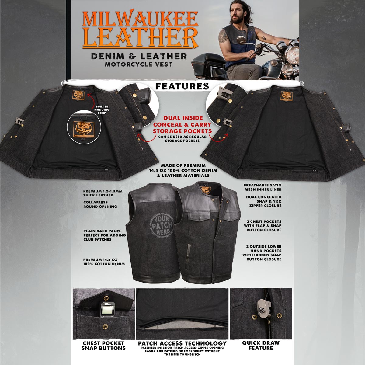 Milwaukee Leather MDM3003 Men's 'Brute' Concealed Snap Black Denim and Black Leather Club Style Vest w/ Hidden Zipper