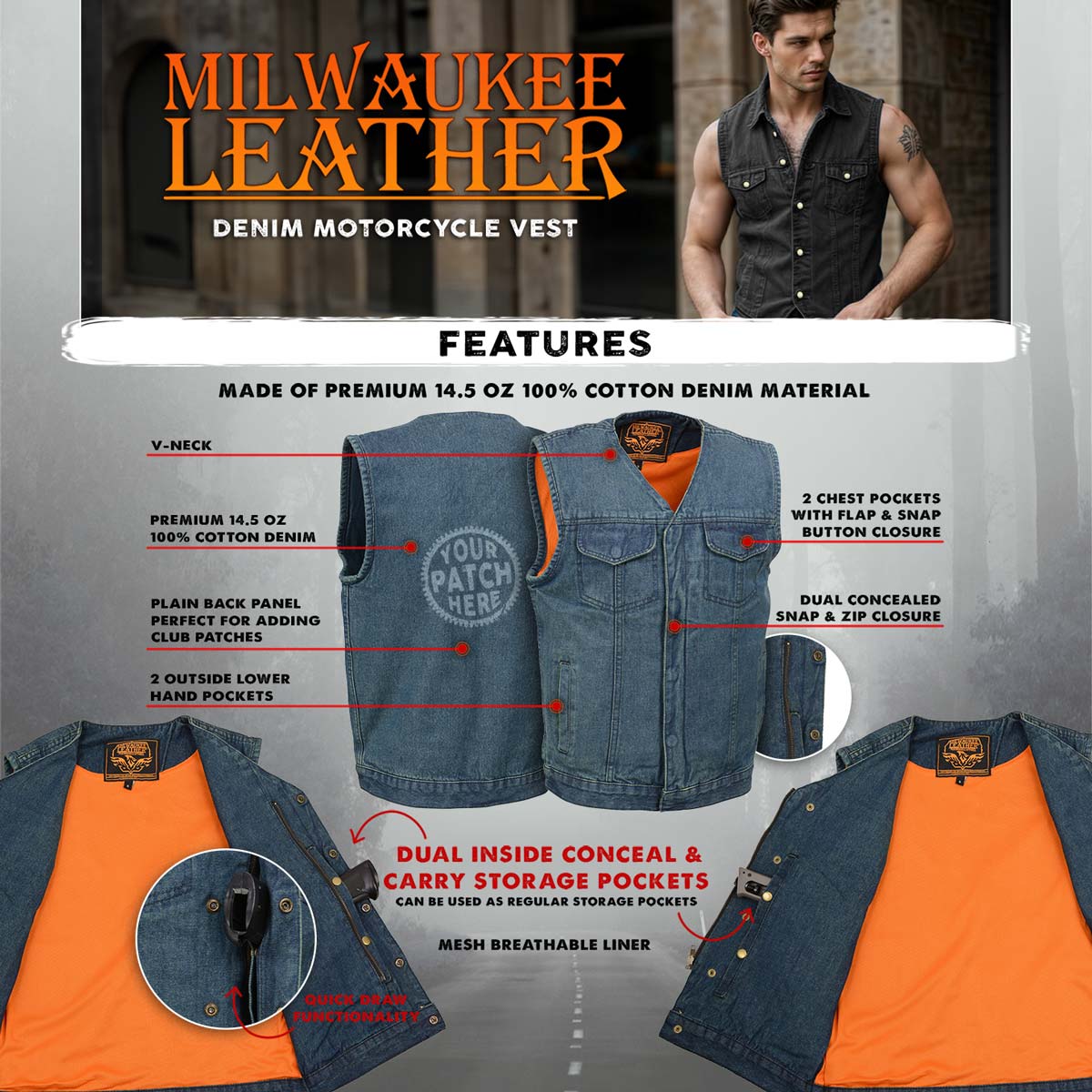 Milwaukee Leather MDM3012 Men's 'Brute' Concealed Snap Blue Denim V-Neck Club Style Vest w/ Hidden Zipper