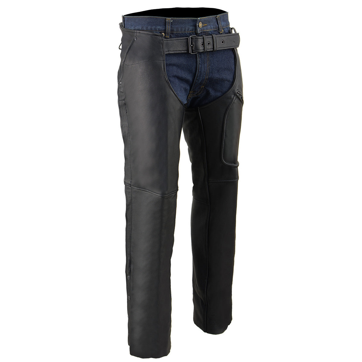 Milwaukee Leather ML1766 Men's Black 3-Pocket Leather Motorcycle Chaps with Thigh Patch Pocket