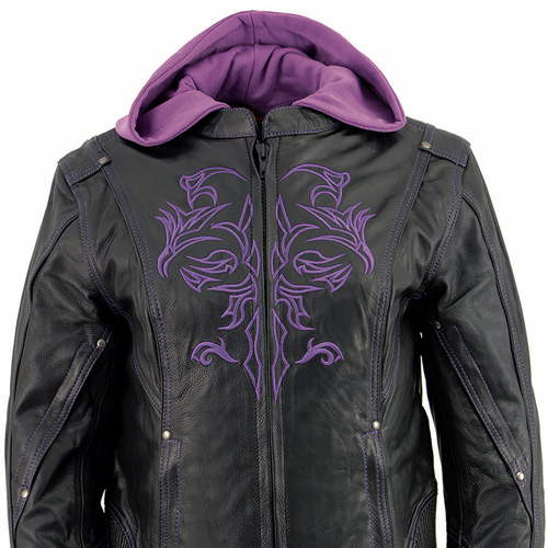 Milwaukee Leather ML2067 Women's 3/4 Black and Purple Leather Hoodie Jacket with Reflective Tribal Design