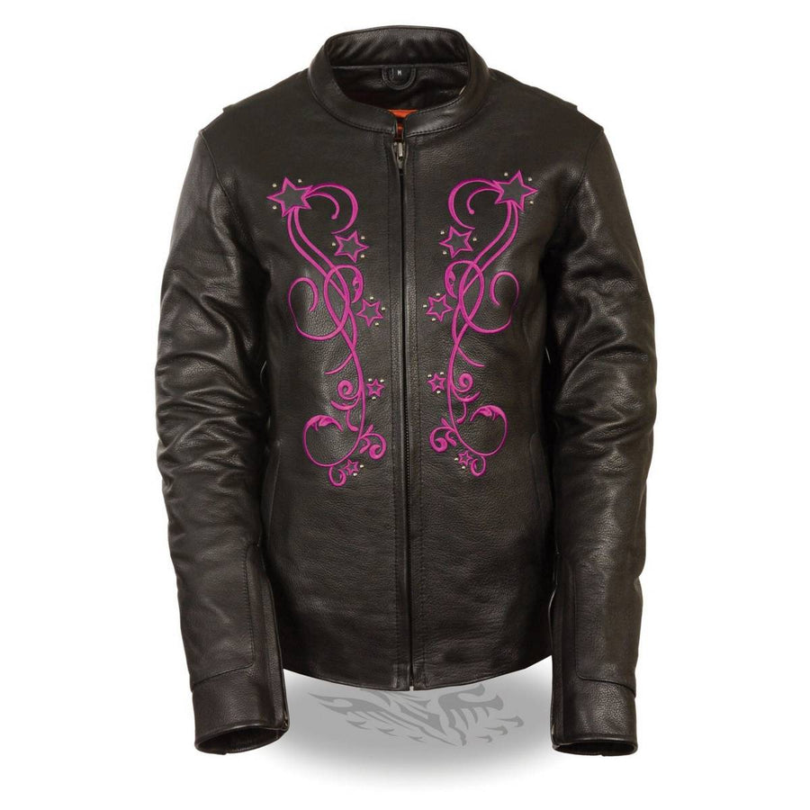 Milwaukee Leather MLL2500 Women's Black and Fuchsia Pink Leather Jacket with Embroidery