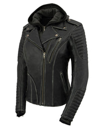 Milwaukee Leather MLL2516 Black Leather Rub-Off Leather Jacket with Hoodie for Women