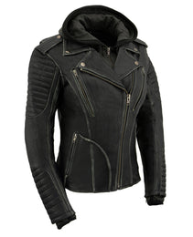 Milwaukee Leather MLL2516 Black Leather Rub-Off Leather Jacket with Hoodie for Women